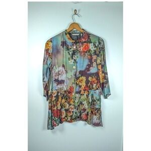 Soft Surroundings Tunic Top Size Medium Floral 3/4 Sleeve Boho Lagenlook Artsy